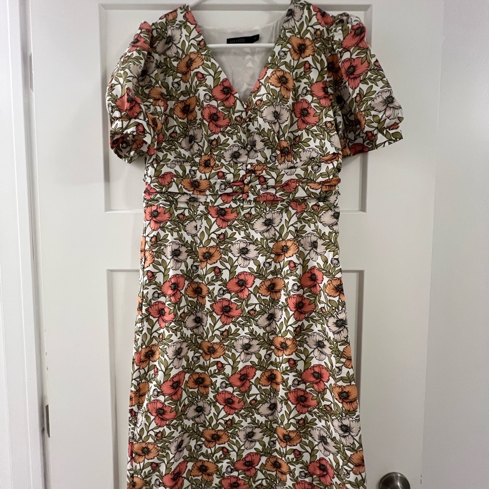Mikarose Floral V-Neck Midi Dress - Red and Green